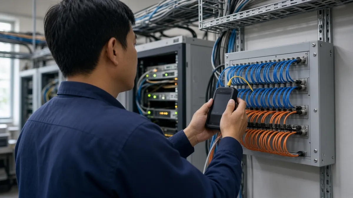 Kỹ thuật viên kiểm tra tín hiệu quang bằng máy OTDR tại tủ patch panel trong phòng máy doanh nghiệp.