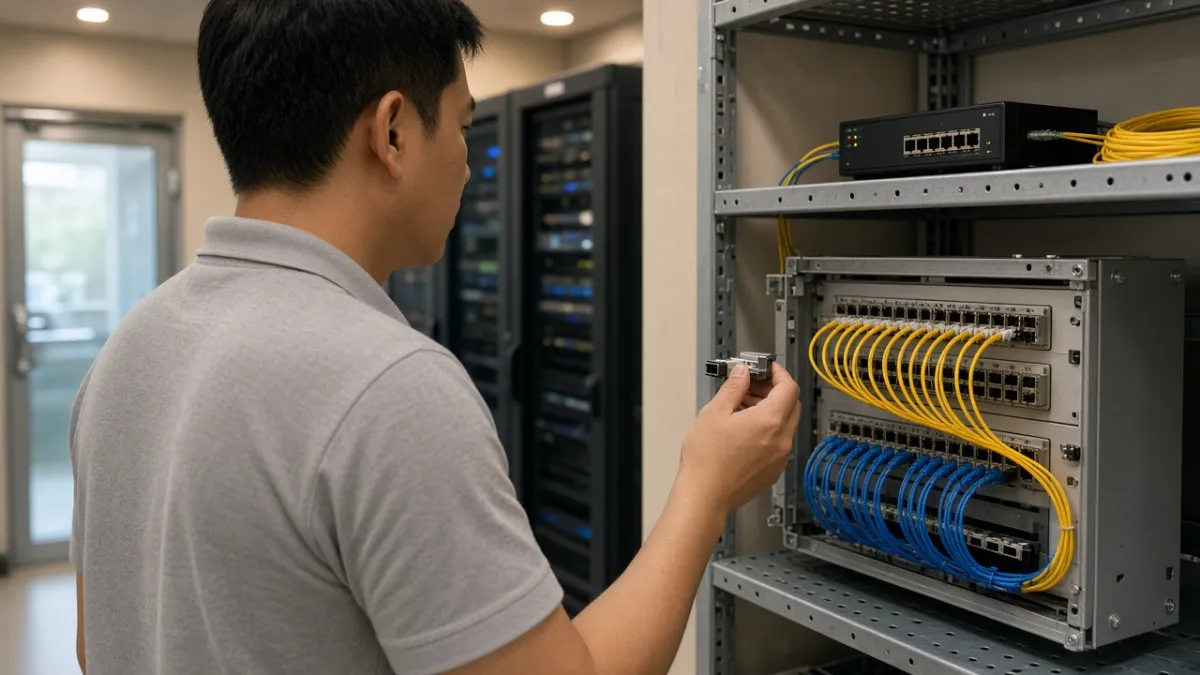 Kỹ thuật viên khảo sát module SFP và tủ patch panel quang trước khi tư vấn báo giá thuê kênh IDC.