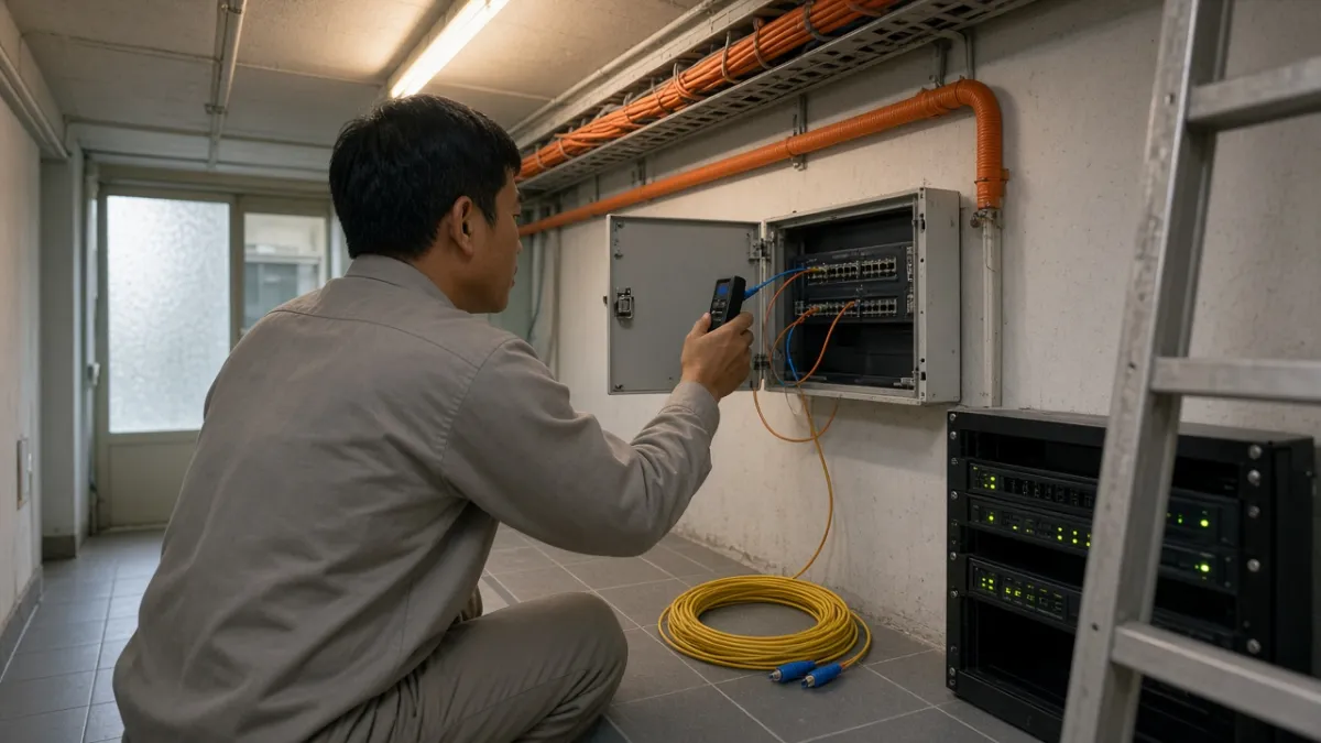 Kỹ thuật viên khảo sát hạ tầng cáp quang và tủ đấu nối để báo giá thuê kênh truyền dẫn riêng.