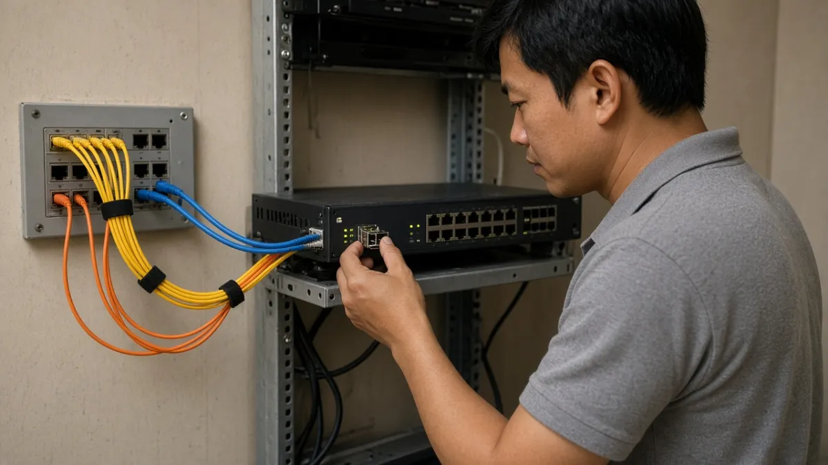 Kỹ thuật viên cắm module SFP vào switch trong tủ mạng khách sạn, bên cạnh patch panel và dây quang.