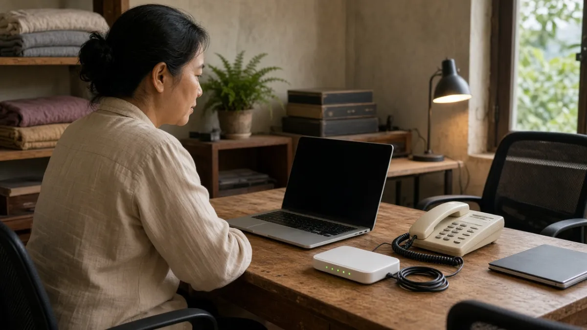 Chủ homestay nhỏ làm việc với laptop và modem Wi-Fi ISP tại quầy lễ tân, phù hợp nhu cầu email và web cơ bản.