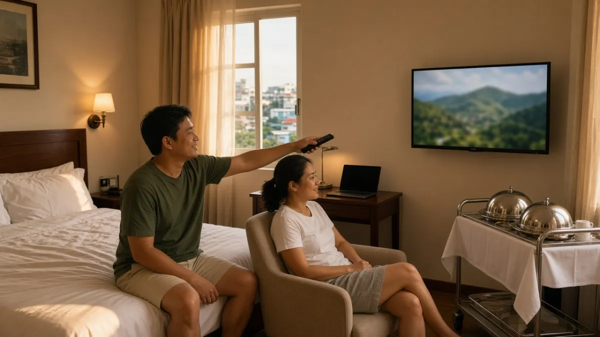 Khách dùng remote điều khiển TV trong phòng khách sạn, xe phục vụ phòng đặt phía sau, thể hiện tự phục vụ.