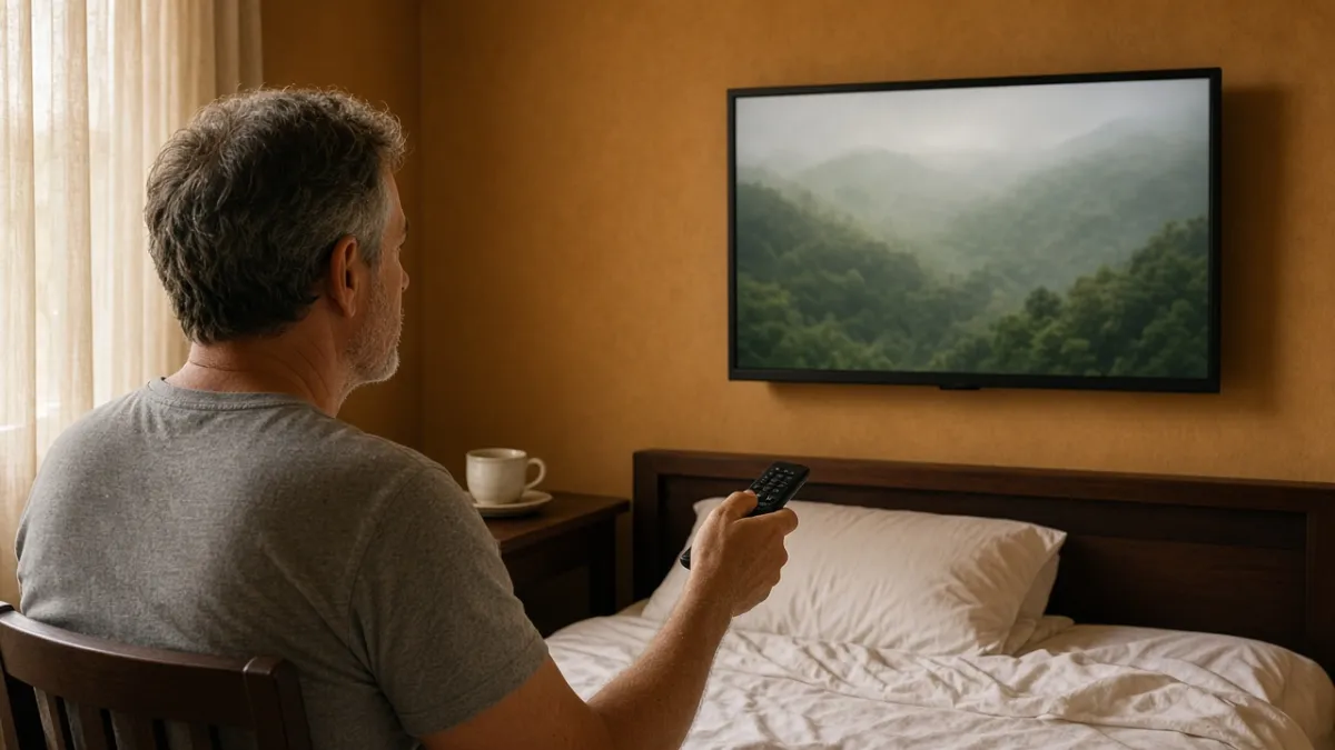 Khách nước ngoài cầm remote đặt dịch vụ trên TV trong phòng khách sạn, không gian ấm cúng.