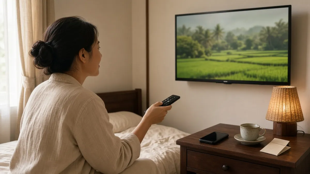 Khách dùng remote TV trong phòng khách sạn, điện thoại đặt cạnh để đồng bộ ưu đãi và tích điểm thành viên.