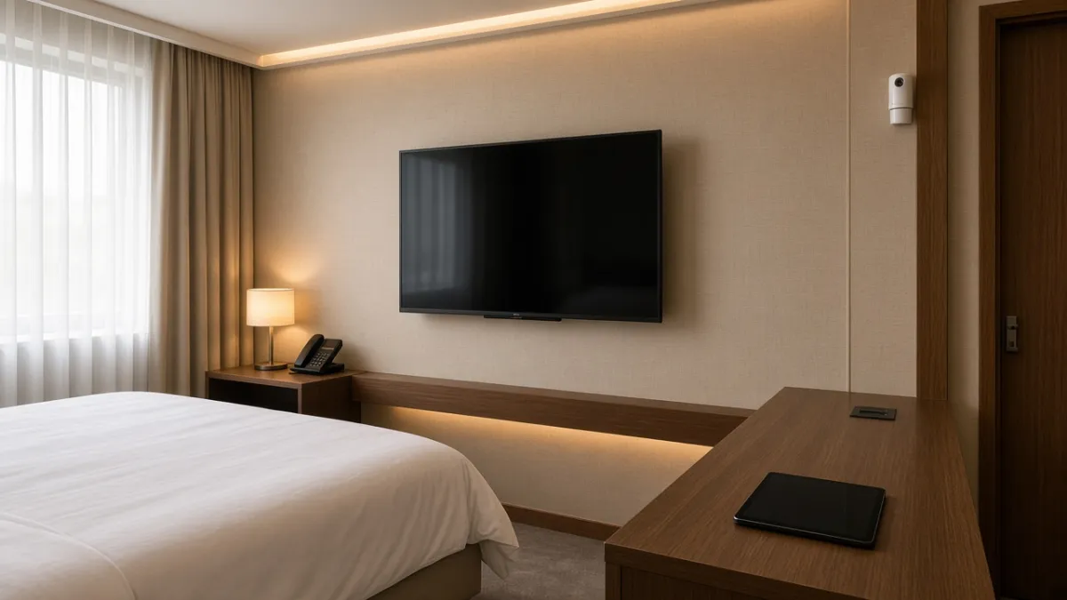 Phòng khách sạn hiện đại với TV treo tường, đèn âm trần, cảm biến và bàn làm việc — minh họa hệ sinh thái tích hợp.