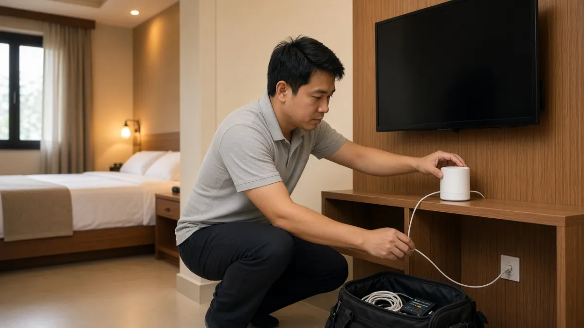Kỹ thuật viên IT lắp thiết bị mở rộng Wi-Fi dưới TV trong phòng khách, nâng cấp mạng gọn không phá hạ tầng.