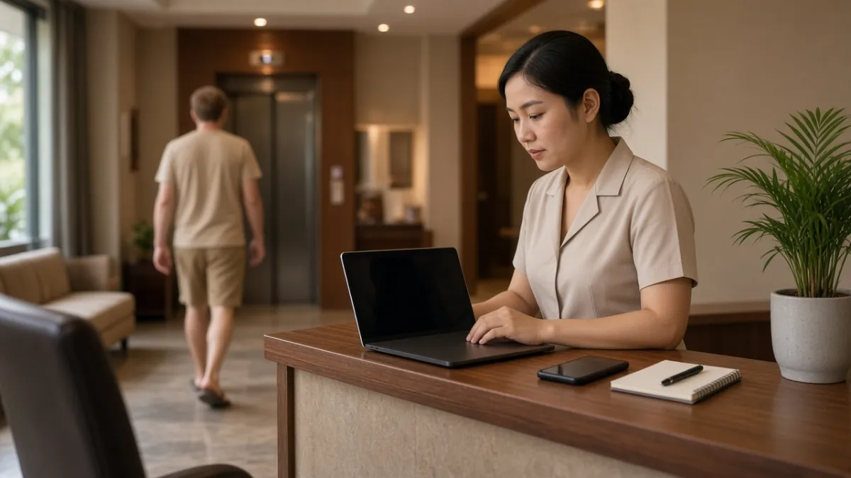 Nhân viên lễ tân khách sạn trực quầy với laptop và điện thoại, sẵn sàng hỗ trợ khách qua kênh chat trực tuyến.