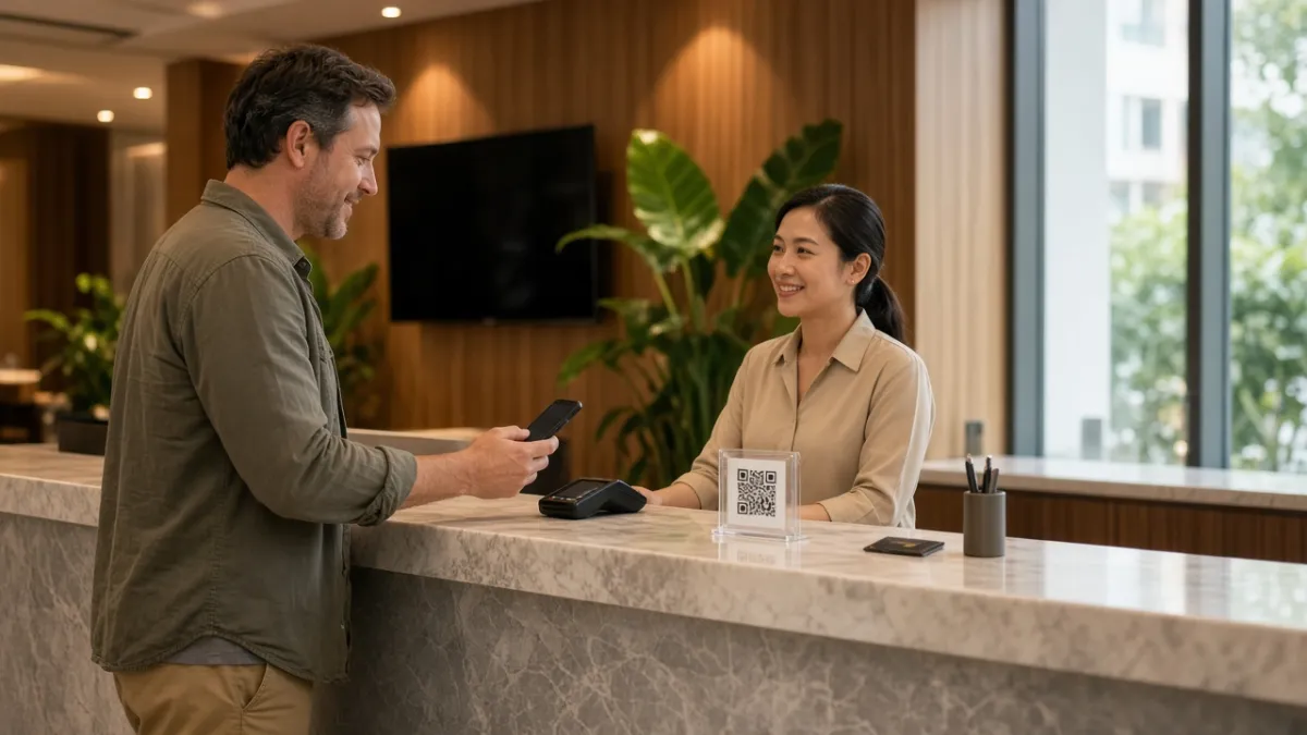 Khách thanh toán không chạm bằng điện thoại tại quầy lễ tân khách sạn Việt Nam, cạnh giá để mã QR.