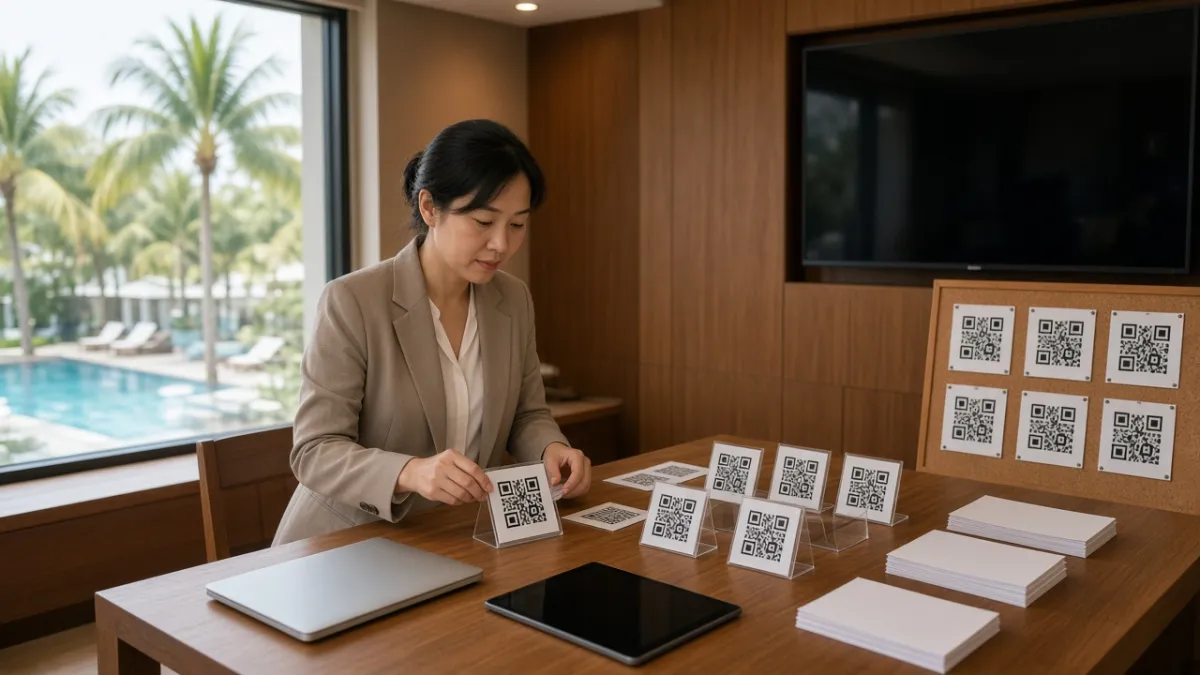 Nhân viên marketing khách sạn sắp xếp mã QR trên giá để bàn, quản lý vật liệu QR cho hành trình khách.