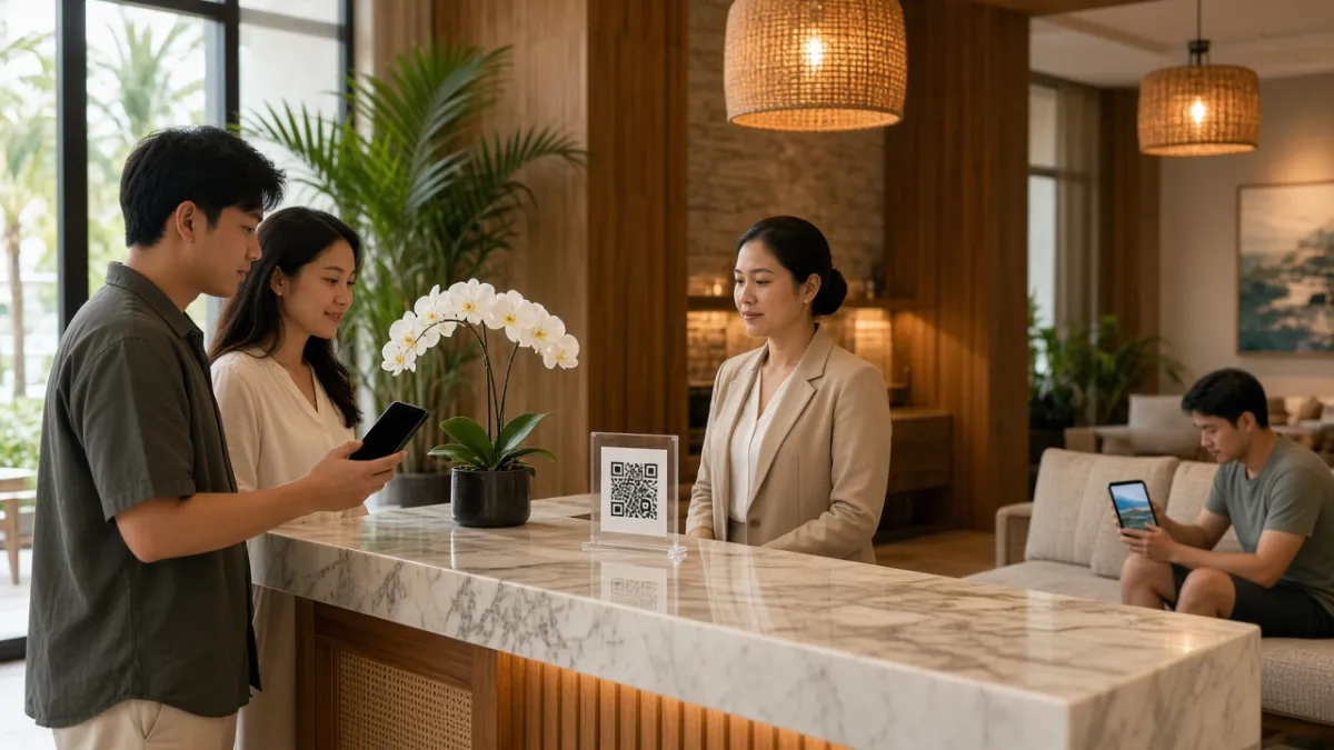 Khách Việt thanh toán không chạm bằng điện thoại tại quầy lễ tân khách sạn hiện đại ở Đà Nẵng.