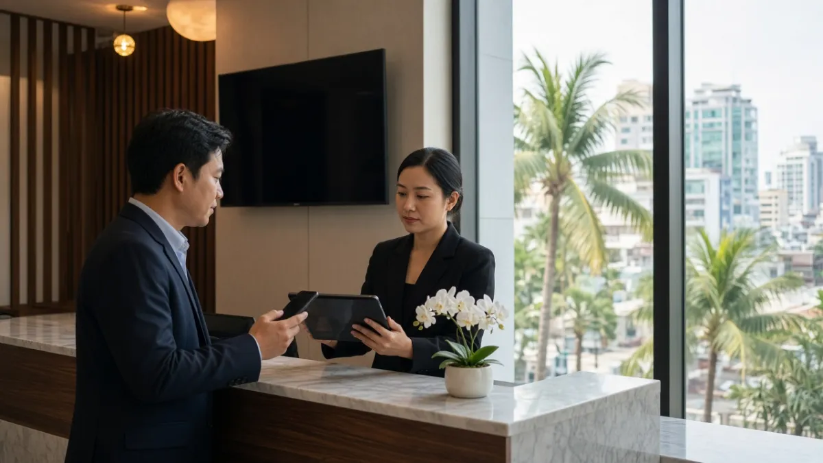 Lễ tân khách sạn Đà Nẵng hỗ trợ khách check-in và thanh toán không chạm qua máy tính bảng tại quầy tiếp tân.