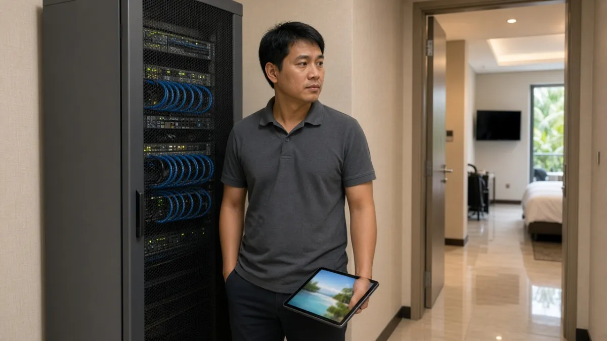 Kỹ thuật viên khách sạn Việt Nam bên tủ máy chủ on-premise, nhìn về phòng nghỉ có TV treo tường được quản lý tập trung.