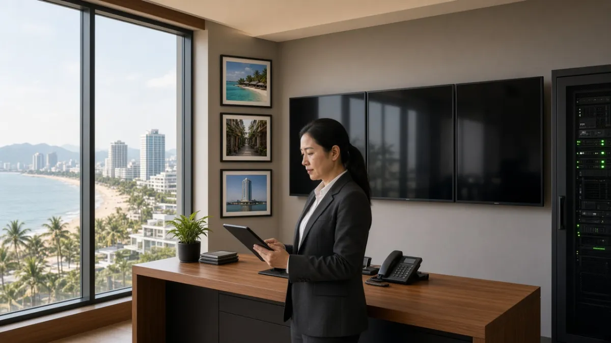 Nhân viên điều hành chuỗi khách sạn tại phòng trung tâm Đà Nẵng, với màn hình tắt và tủ máy chủ — quản lý tập trung.