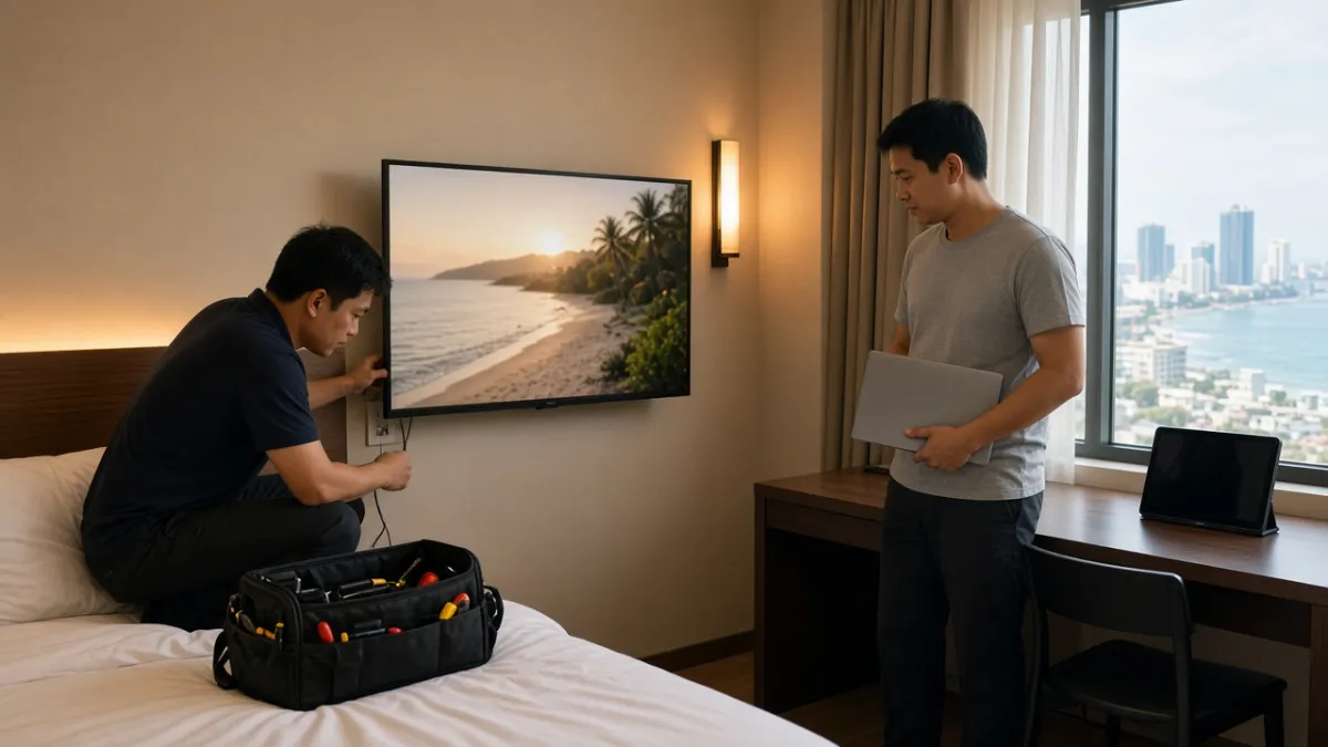 Hai kỹ thuật viên kiểm tra TV và hạ tầng trong phòng pilot tại khách sạn trước triển khai toàn bộ hệ thống.