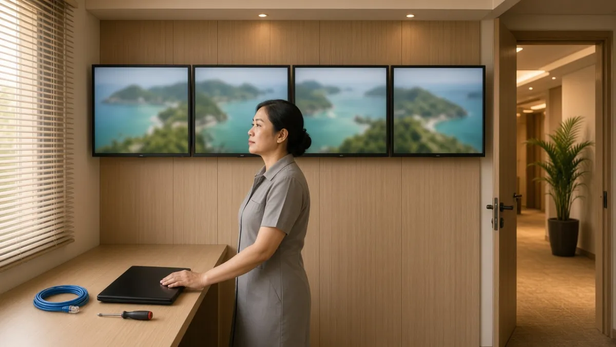 Kỹ thuật viên khách sạn tại trạm giám sát TV nhiều màn hình, minh họa quản lý nội dung tập trung và hỗ trợ nội địa.