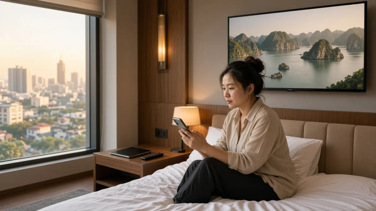 Khách Việt dùng điện thoại điều khiển TV trong phòng khách sạn Hà Nội, bên cạnh máy tính bảng và remote.