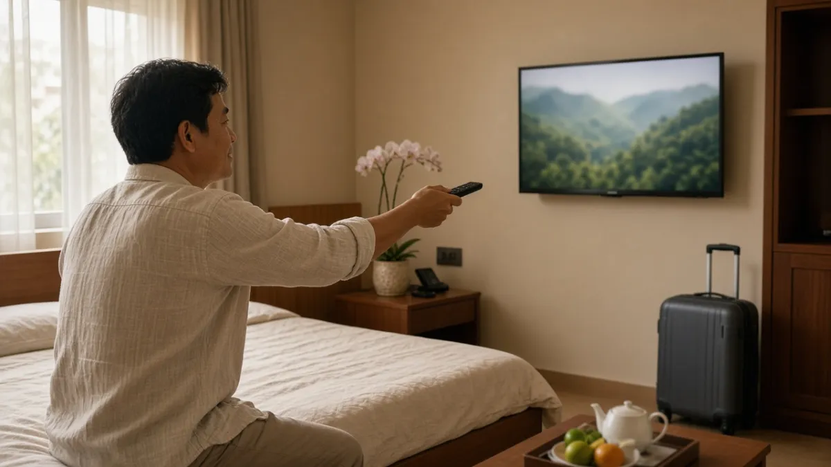 Khách dùng điều khiển hướng tới TV treo tường trong phòng nghỉ, tùy chỉnh trải nghiệm giải trí sau nhận phòng.