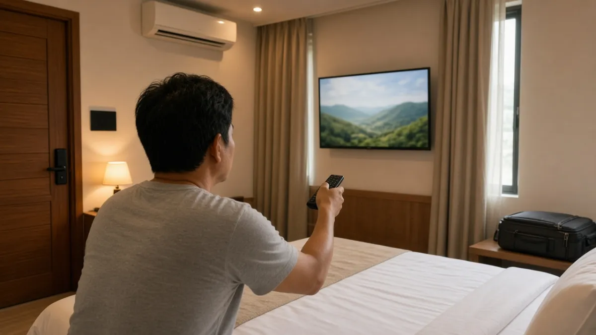 Khách dùng remote TV trong phòng khách sạn hiện đại với điều hòa, rèm cửa và đèn ấm.