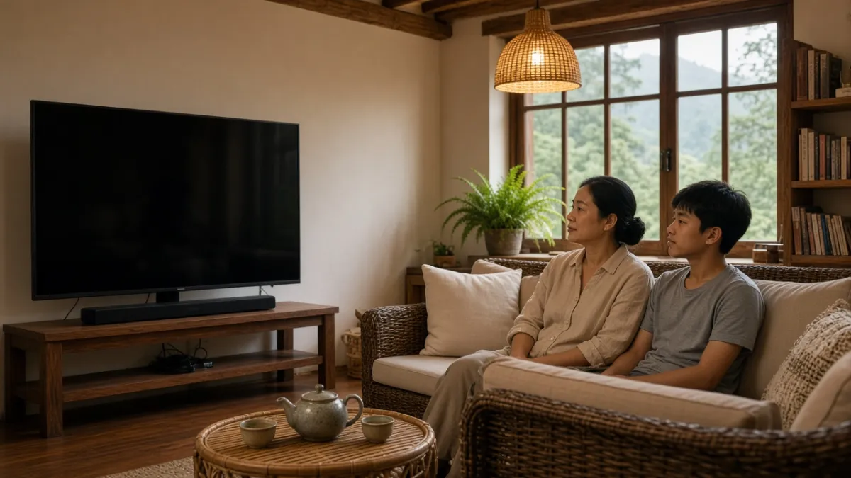 Mẹ và con trai ngồi sofa phòng khách gỗ, nhìn về tivi 43 inch tắt màn hình trên kệ cùng loa thanh.