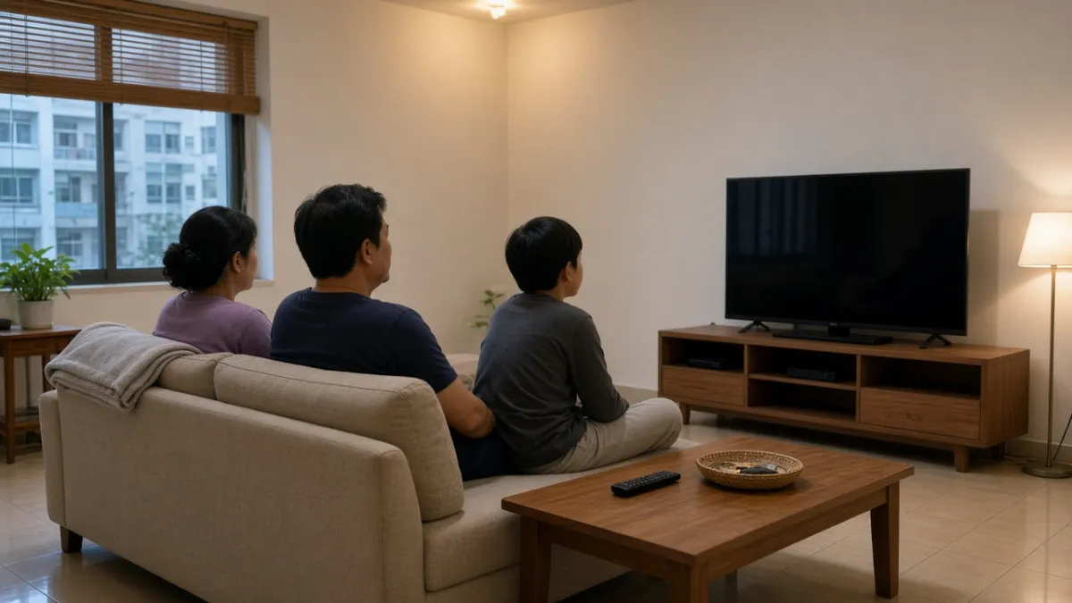 Gia đình ba người thư giãn trên sofa phòng khách, hướng nhìn về tivi màn hình tắt trên tủ gỗ.