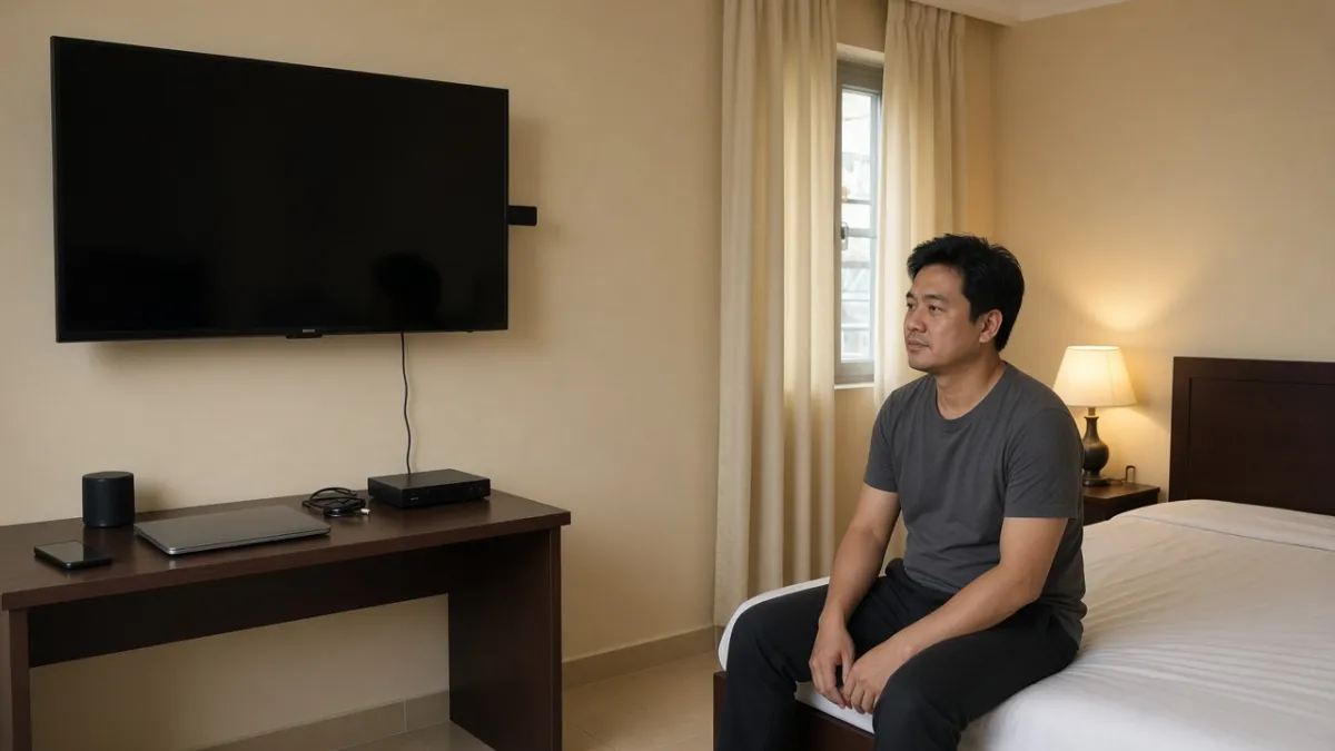 Khách nghỉ trong phòng khách sạn với tivi treo tường tắt màn hình, hộp giải mã, loa và điện thoại kết nối quanh bàn.