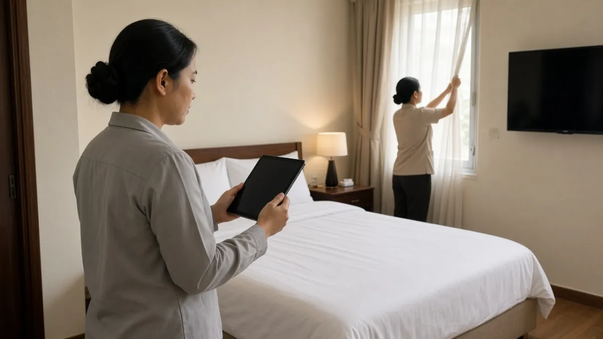 Nhân viên quản lý kiểm tra phòng khách với máy tính bảng tắt màn hình trong lúc buồng phòng hoàn thiện tiêu chuẩn.