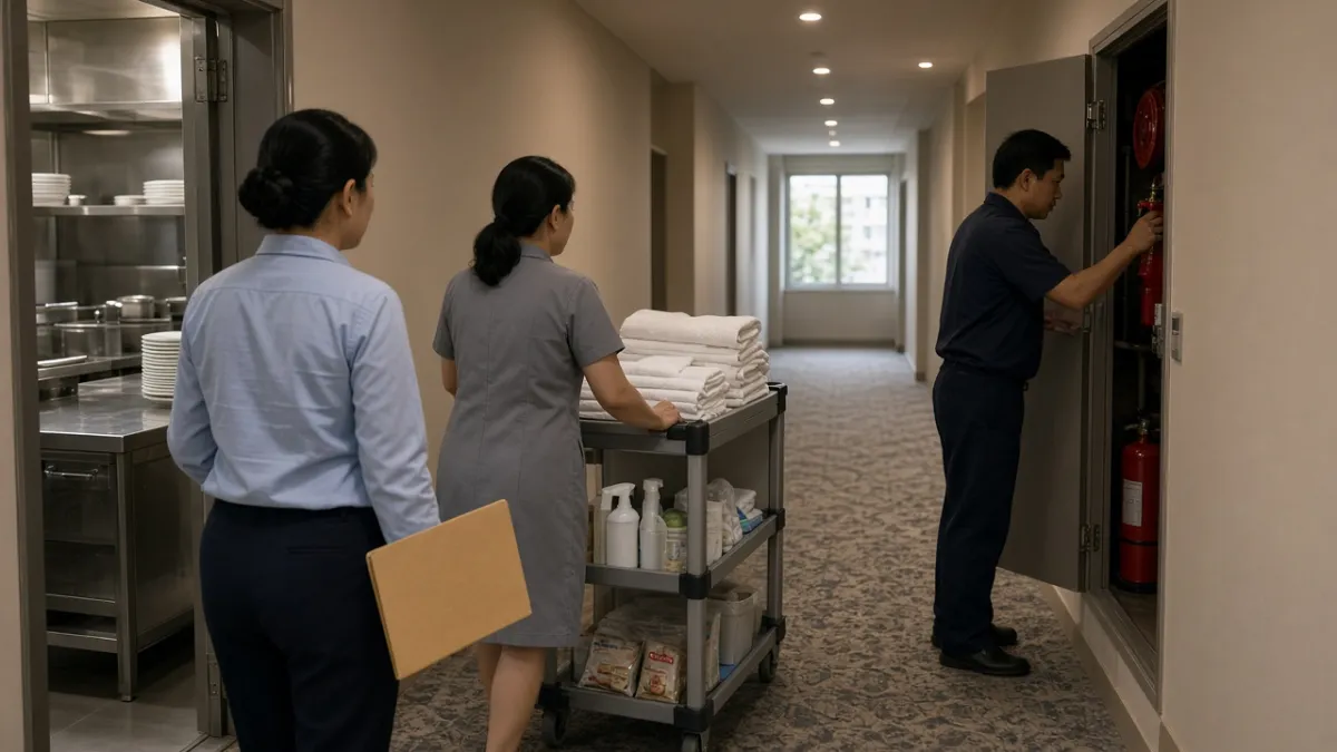 Cán bộ kiểm tra nội bộ cầm hồ sơ đi hành lang cùng buồng phòng, bếp và kỹ thuật PCCC.