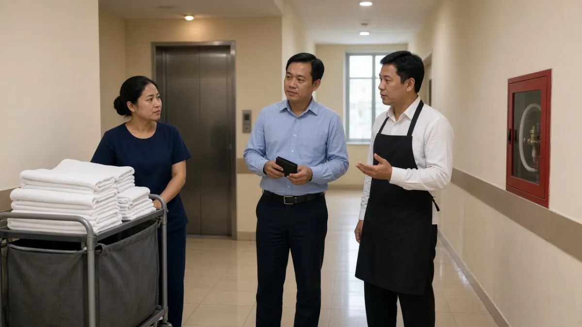 Ba nhân viên khách sạn ở hành lang hậu cần trao đổi nhanh, thể hiện sự phối hợp giữa các bộ phận phục vụ khách.