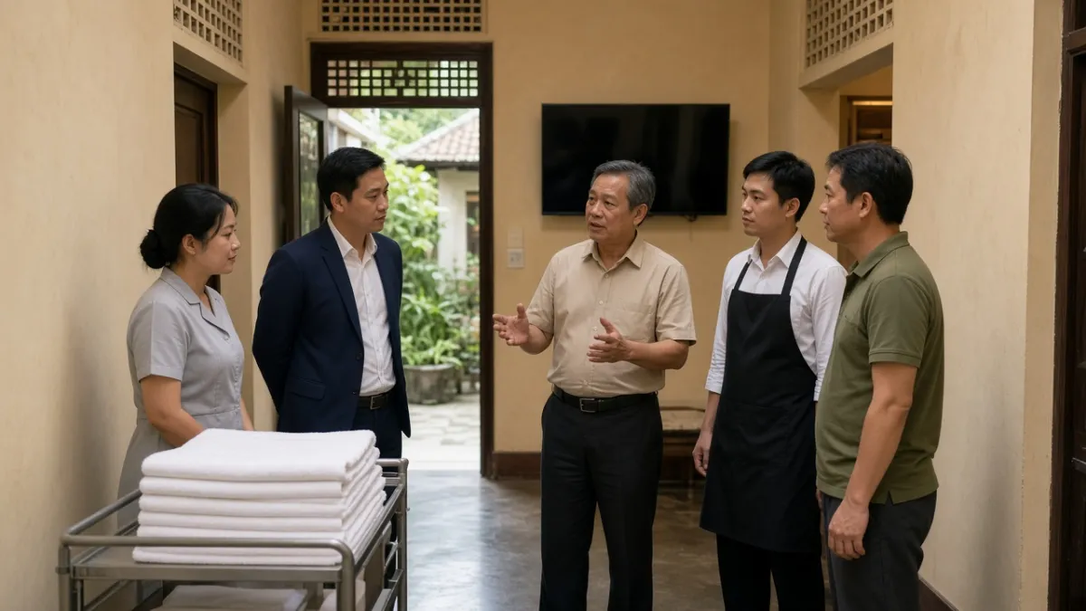 Nhân viên các bộ phận khách sạn trao đổi công việc trong hành lang nội bộ, thể hiện hiểu rõ vai trò và phối hợp nhóm.