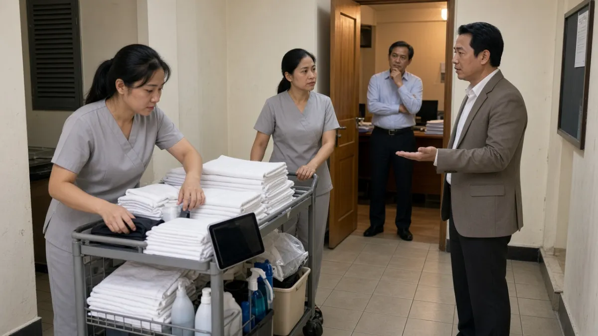 Nhân viên buồng phòng sắp khăn trên xe, giám sát, quản lý và giám đốc trao đổi trong hành lang nội bộ khách sạn.