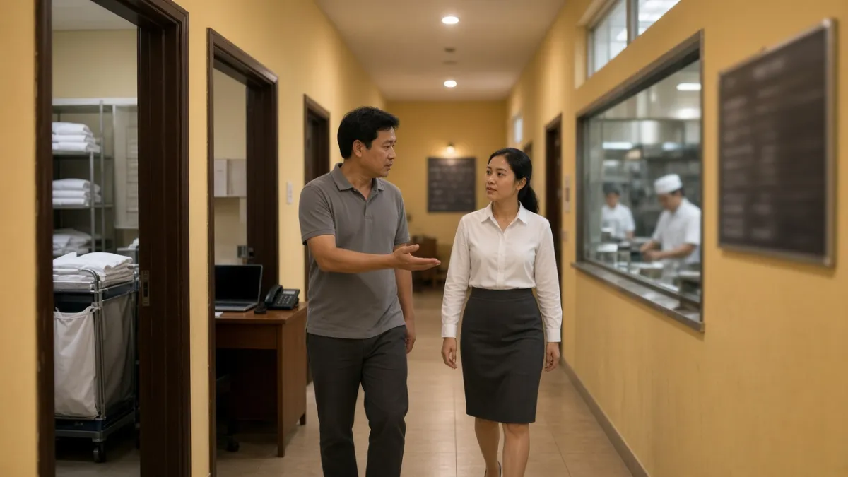 Hai nhân viên khách sạn đi hành lang hậu cần, quan sát các khu nghiệp vụ để hiểu chức danh và cơ hội thăng tiến.