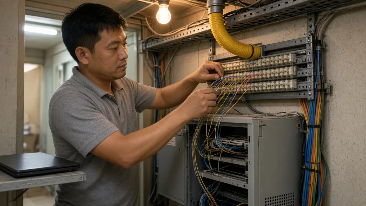 Kỹ thuật viên nối sợi cáp quang vào tủ phân phối cạnh rack mạng trong phòng thiết bị doanh nghiệp.