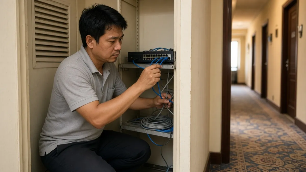 Kỹ thuật viên kiểm tra cáp mạng và thiết bị phân phối băng thông IPTV tại hành lang khách sạn.
