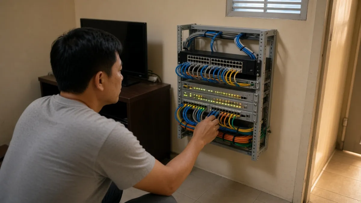 Kỹ thuật viên kiểm tra tủ mạng và dây cáp gọn gàng trong khách sạn, hạ tầng IPTV được bố trí ổn định.