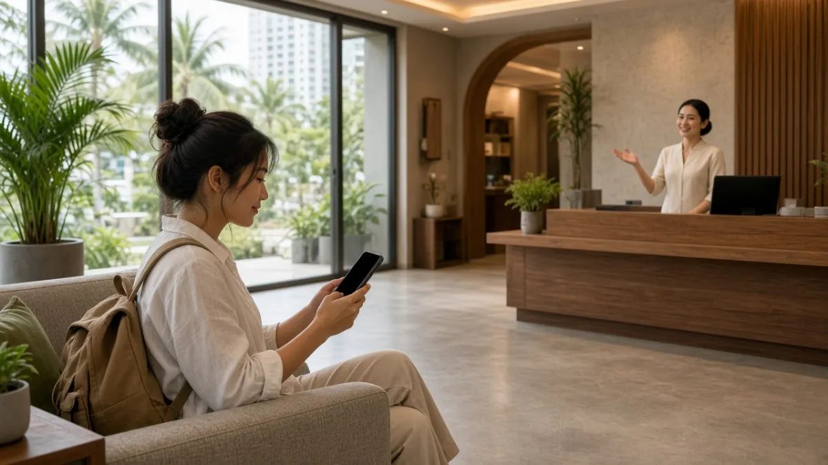 Khách Việt đặt phòng trực tiếp qua điện thoại tại sảnh khách sạn hiện đại, nhân viên lễ tân chào đón thân thiện.