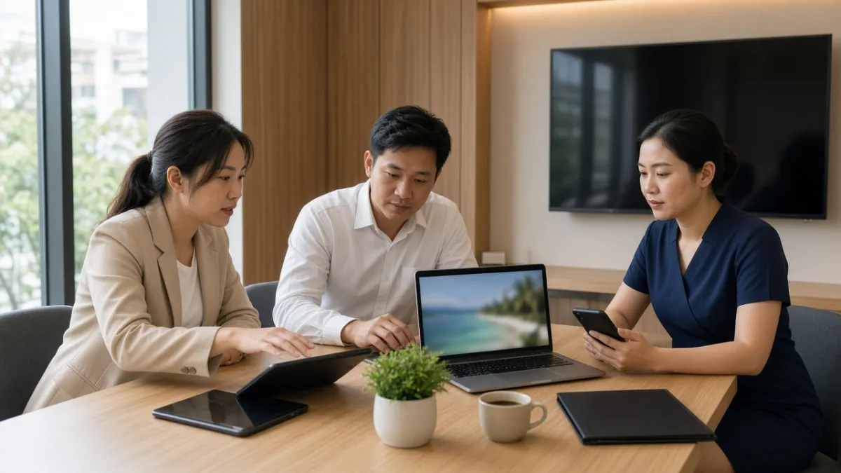 Nhân viên khách sạn Việt Nam họp triển khai booking engine, đánh giá nhu cầu và tích hợp hệ thống đặt phòng.