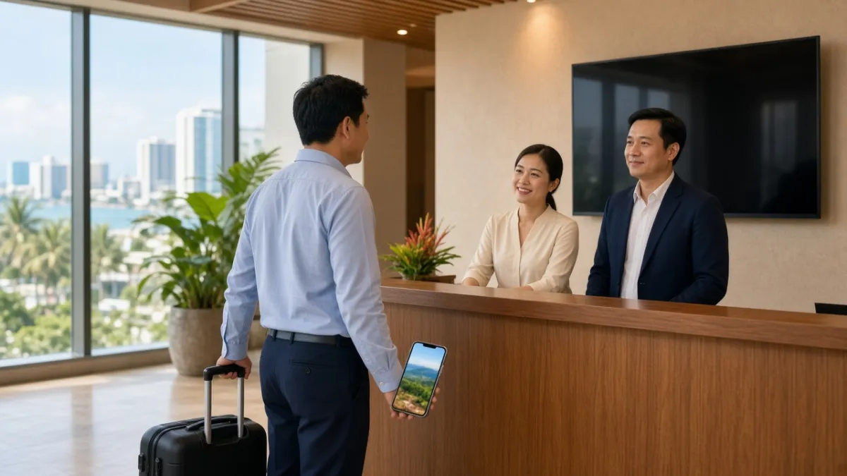 Nhân viên đón khách tại sảnh khách sạn Đà Nẵng, thể hiện hệ sinh thái đặt phòng trực tuyến và IPTV hiện đại.