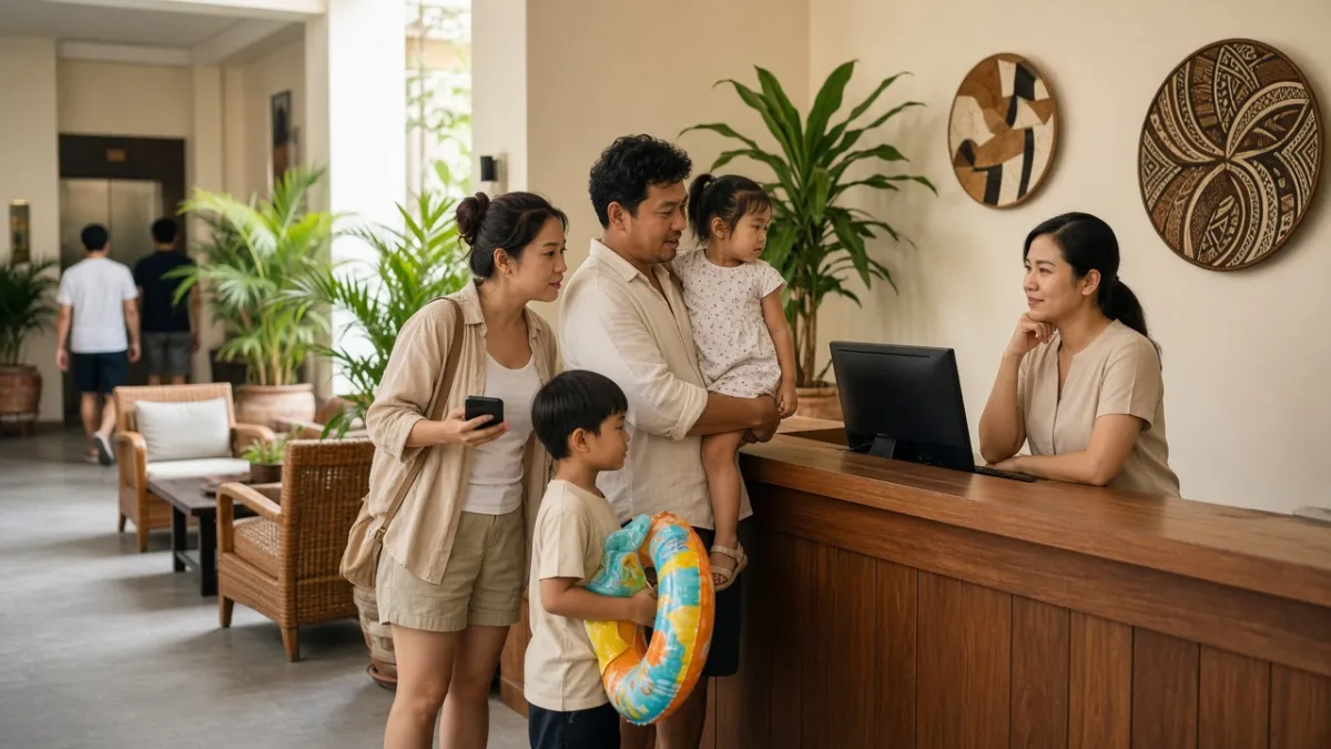 Gia đình trao đổi với lễ tân khách sạn về tiện ích cho trẻ em khi lên kế hoạch lưu trú.