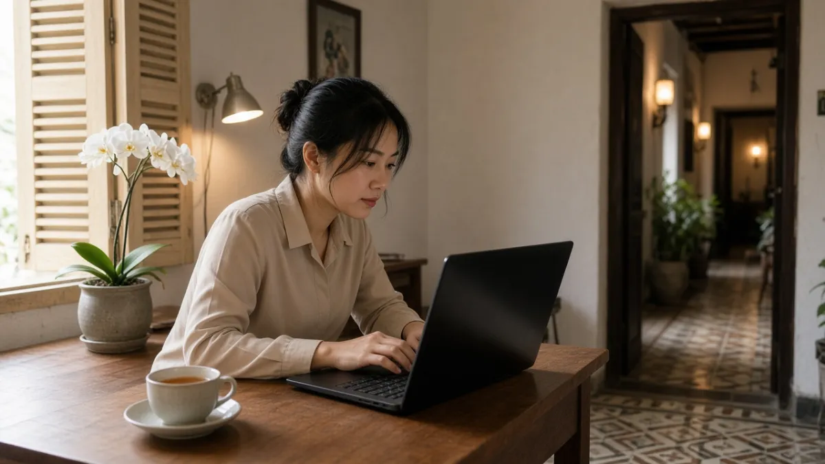 Nhân viên khách sạn làm việc trên máy tính tại bàn, minh họa việc tối ưu nội dung website cho tìm kiếm AI.