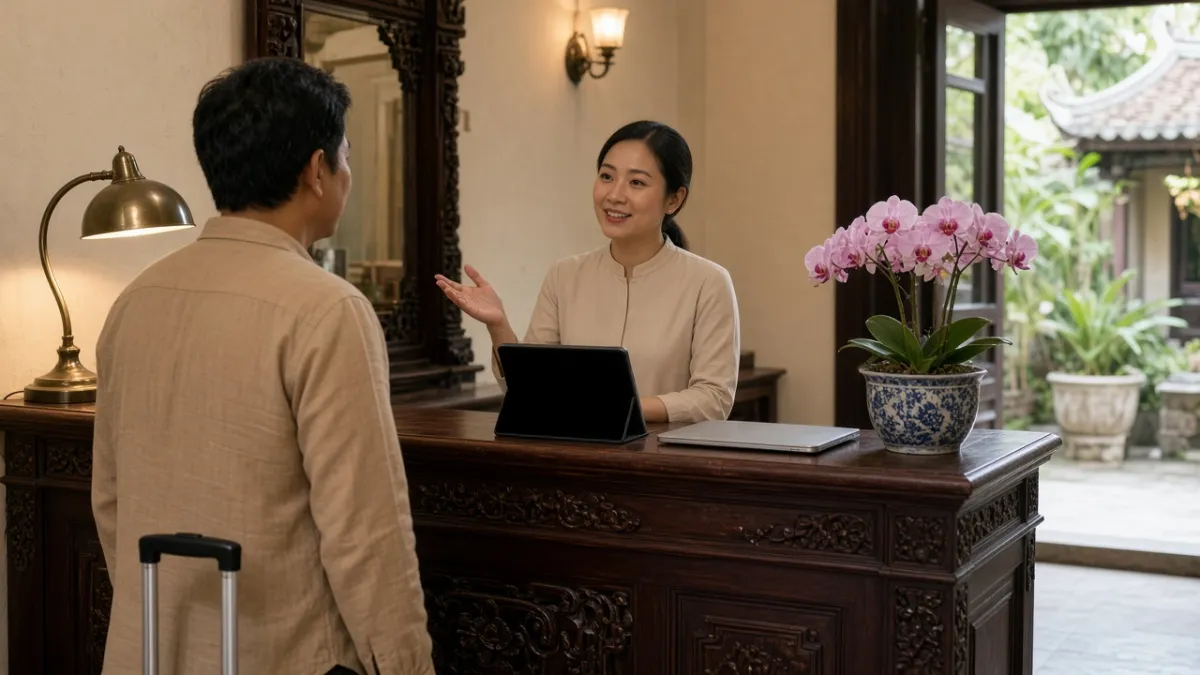 Nhân viên lễ tân trao đổi với khách tại quầy gỗ, máy tính bảng đặt cạnh — gợi ý AI cá nhân hóa và hỗ trợ đa kênh.