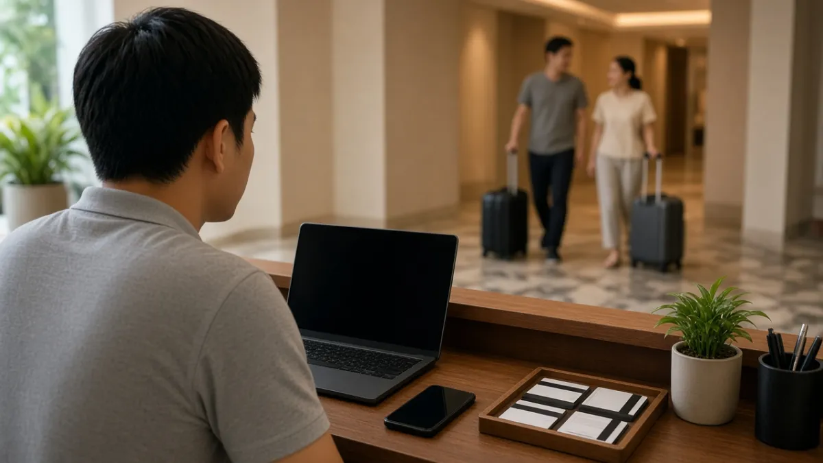 Góc nhìn qua vai nhân viên lễ tân tại quầy với laptop, khách kéo vali vào sảnh — chuyển truy cập thành đặt phòng.