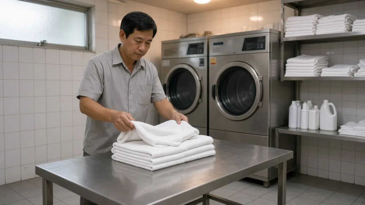 Nhân viên giặt là gấp và kiểm tra khăn tắm trắng trong phòng giặt khách sạn để bảo quản vải lâu bền.