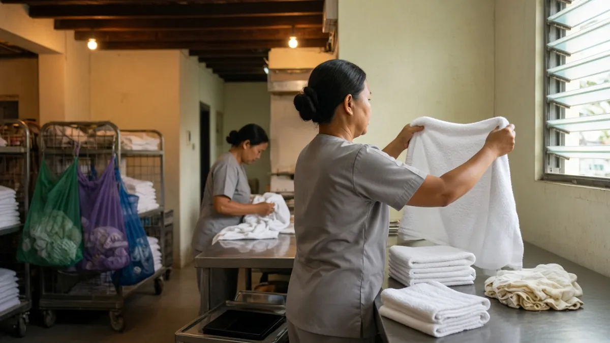 Nhân viên giặt là kiểm tra chất lượng khăn, ga trải giường trong khu hậu cần khách sạn để đảm bảo tiêu chuẩn phục vụ.