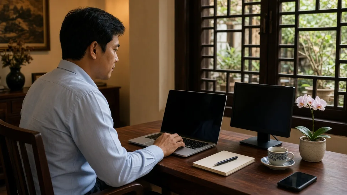Nhân viên khách sạn làm việc với laptop tại góc văn phòng, tối ưu nội dung và kỹ thuật website để tăng tìm kiếm.