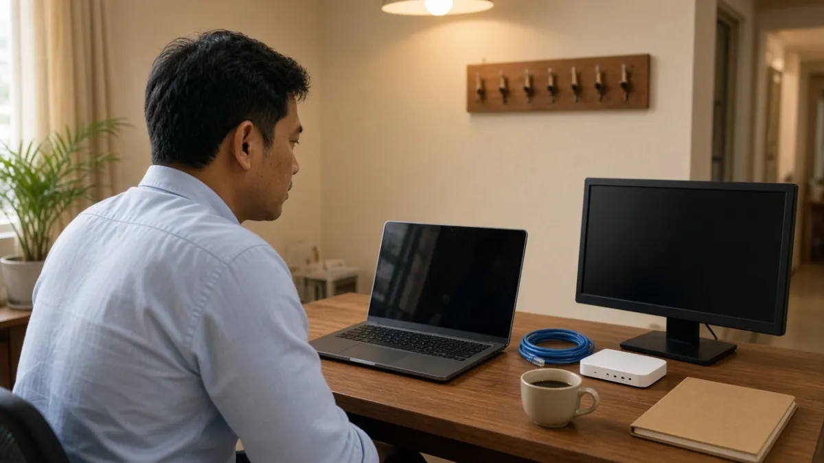 Chuyên viên tại phòng làm việc khách sạn rà soát kỹ thuật website trên laptop, cạnh thiết bị mạng.