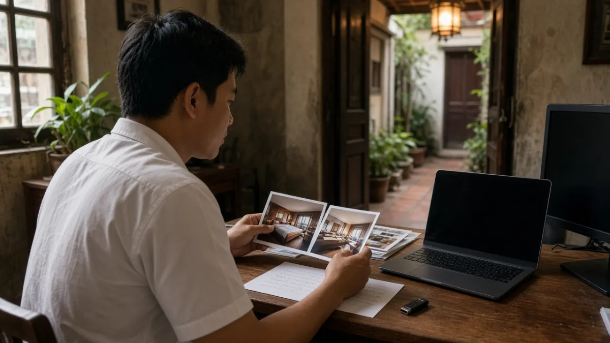 Nhân viên khách sạn rà soát ảnh phòng in và máy tính tại phòng làm việc để tối ưu website đặt phòng.
