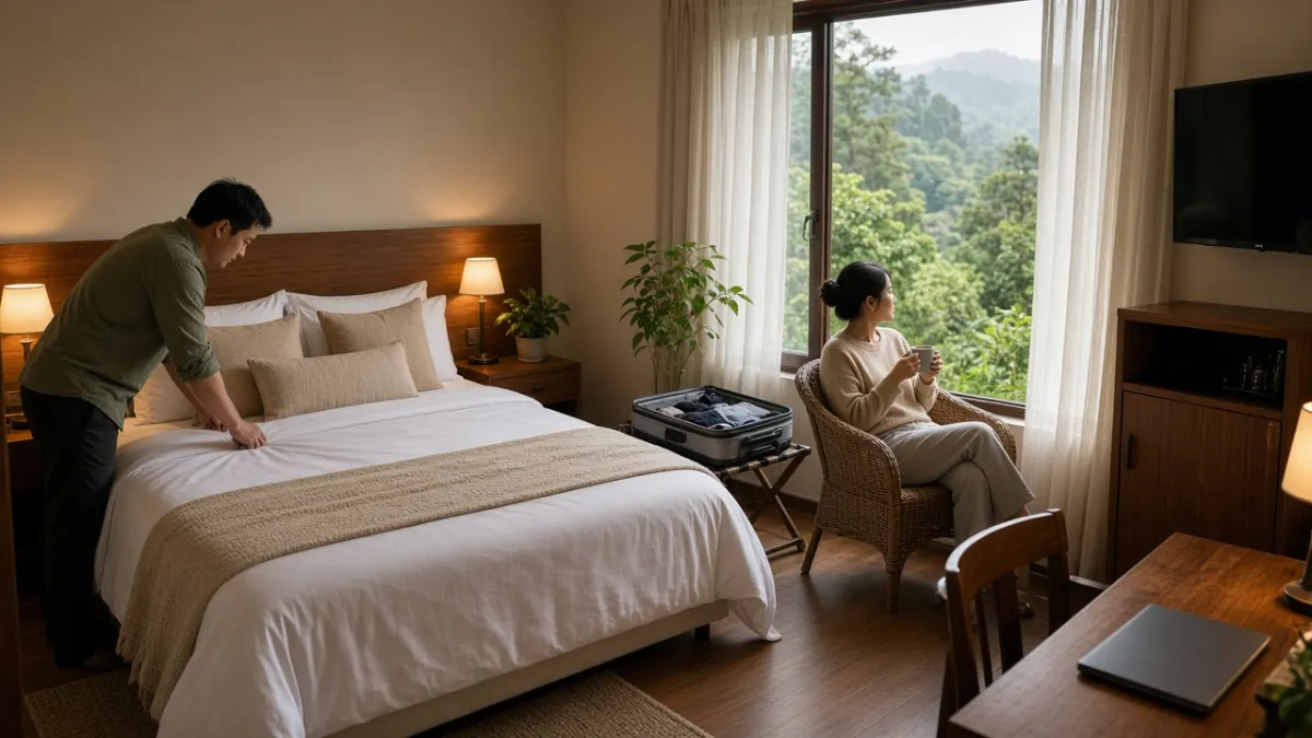 Cặp khách thư giãn trong phòng khách sạn ấm cúng, kết hợp nội thất êm ái và tiện nghi giải trí hiện đại.