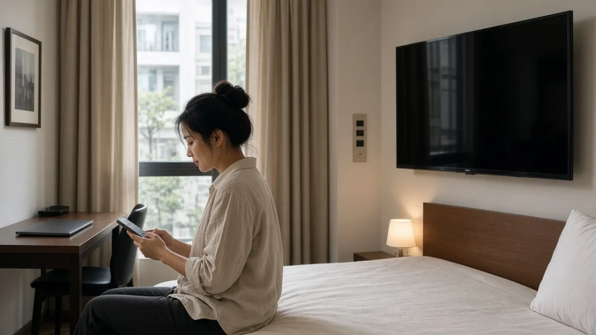 Khách trẻ dùng điện thoại trên giường trong phòng khách sạn, TV tắt và rèm cửa gợi ý điều khiển thông minh từ mobile.