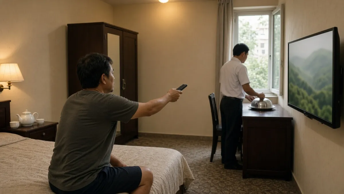 Khách dùng remote xem TV trong phòng trong lúc nhân viên mang đồ ăn room service vào.