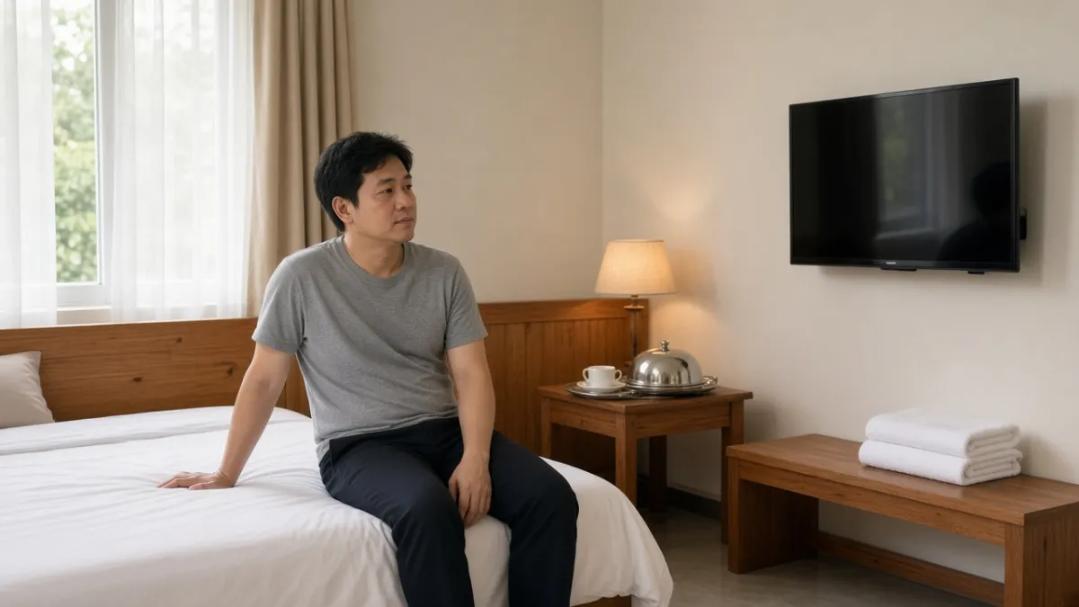 Khách nghỉ trên giường gọn gàng trong phòng khách sạn, bên cạnh món room service và TV treo tường.